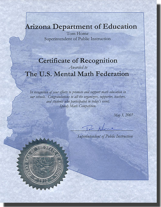 Recognition by AZ DOE Superintendent of Public Instruction, Tom Horne