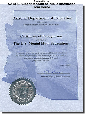 Recognition by AZ DOE Superintendent of Public Instruction, Tom Horne